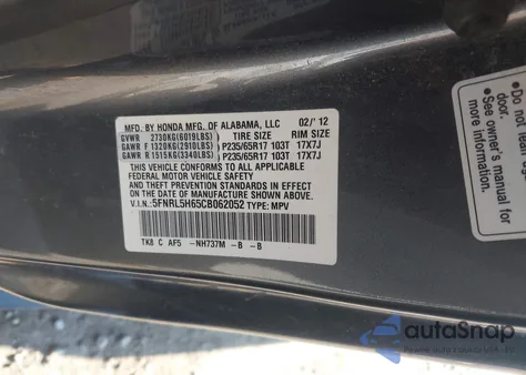 2012 Honda Odyssey Ex-L из США, поврежденный, VIN 5FNRL5H65CB062052